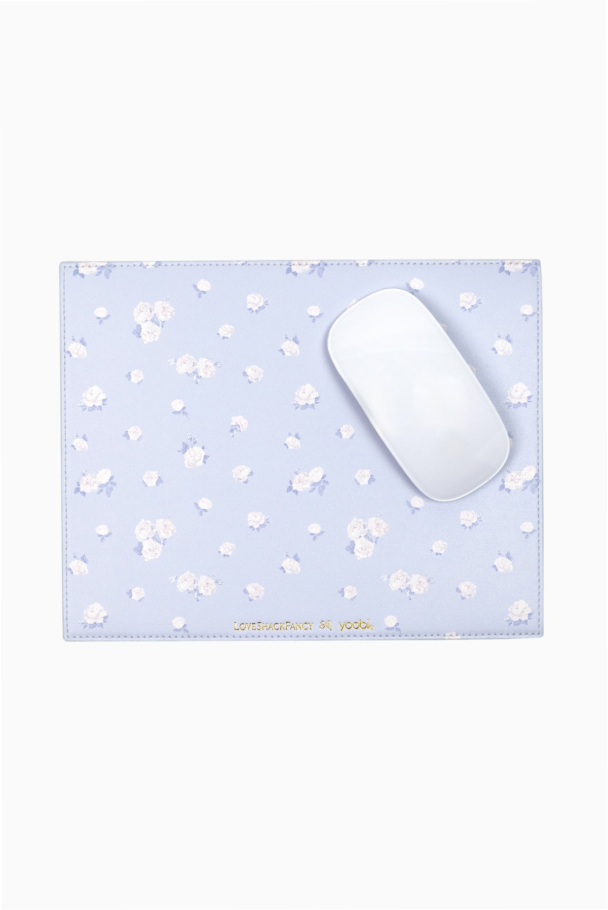Light blue ditsy floral rosette mouse pad with stitched border and white mouse