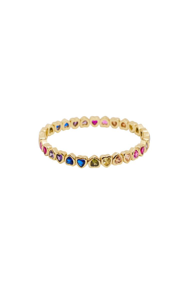 Gold tone heart stretch bracelet with pink and blue mini hearts