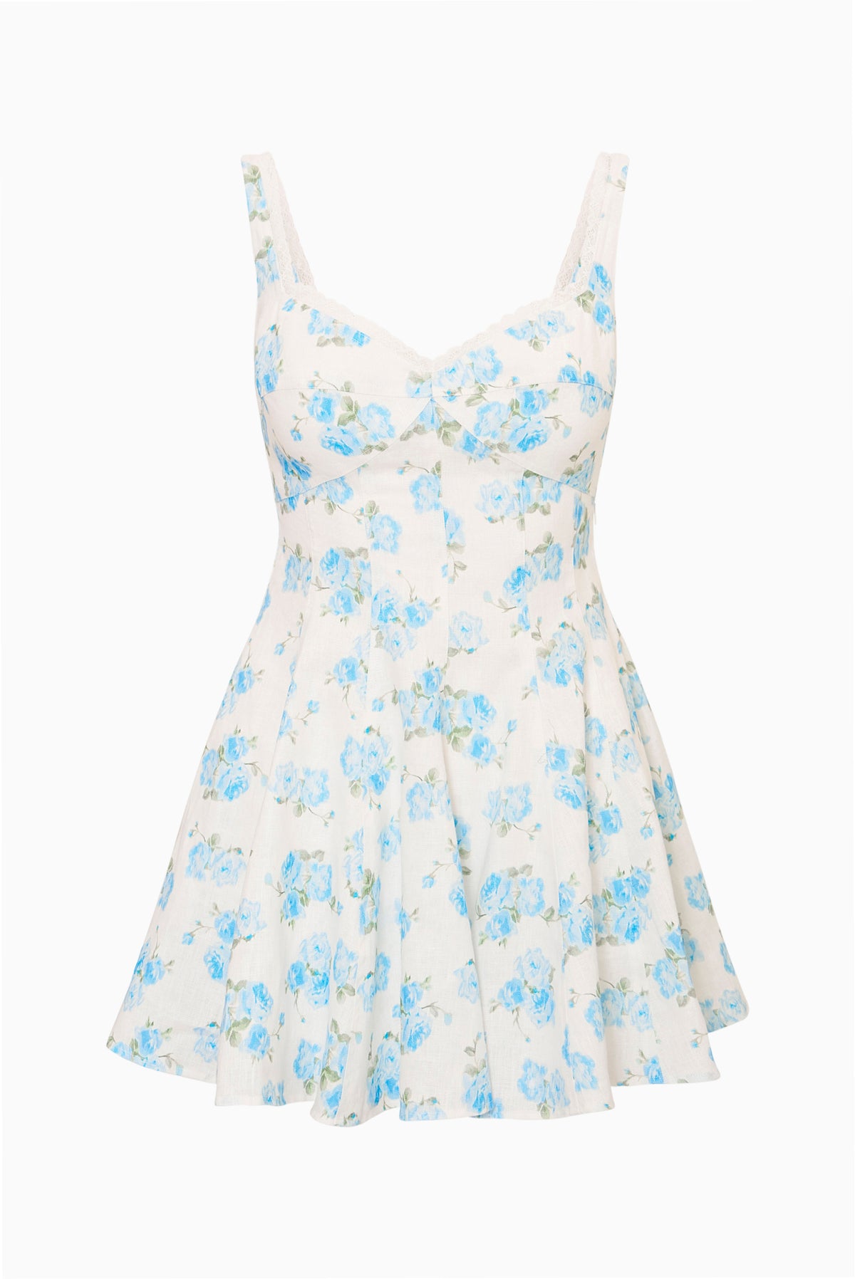 Blue floral linen mini dress with thin spaghetti straps and V-neck bodice