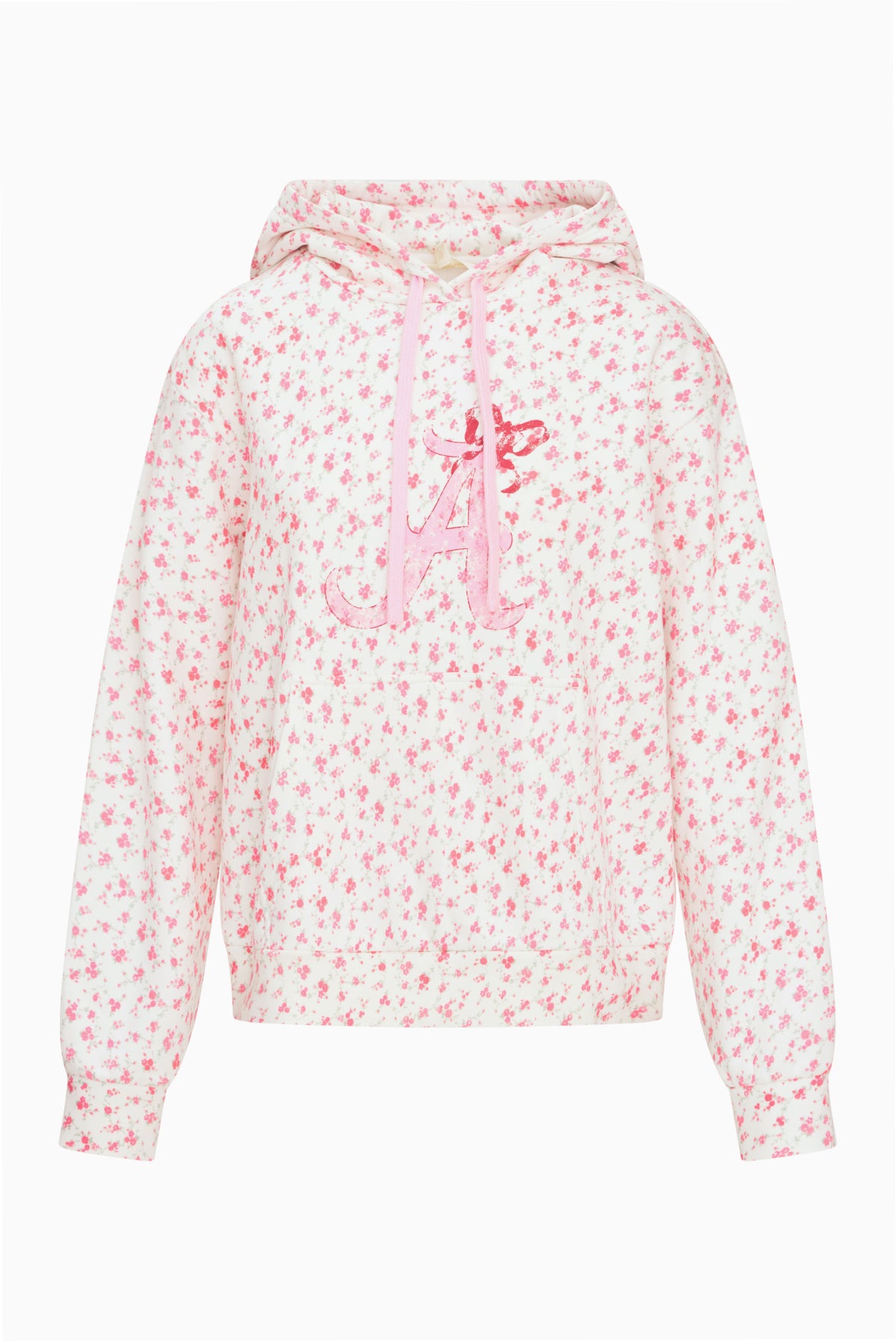 Pink floral pullover hoodie front view with hood and drawstring