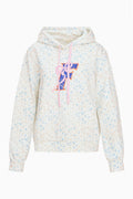 Light blue speckled pullover hoodie with front graphic, hood, and pink drawstring