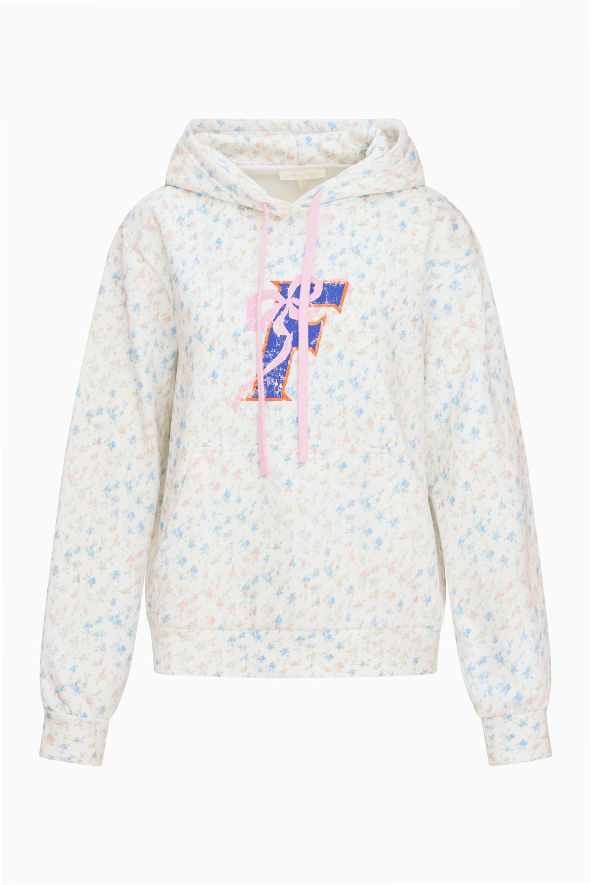 Light blue speckled pullover hoodie with front graphic, hood, and pink drawstring