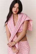 Pink cotton hoodie with hood and drawstring, V-neck slit detail at neckline, short sleeves