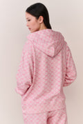 Pink cotton hoodie with hood and drawstring, full back view, long sleeves
