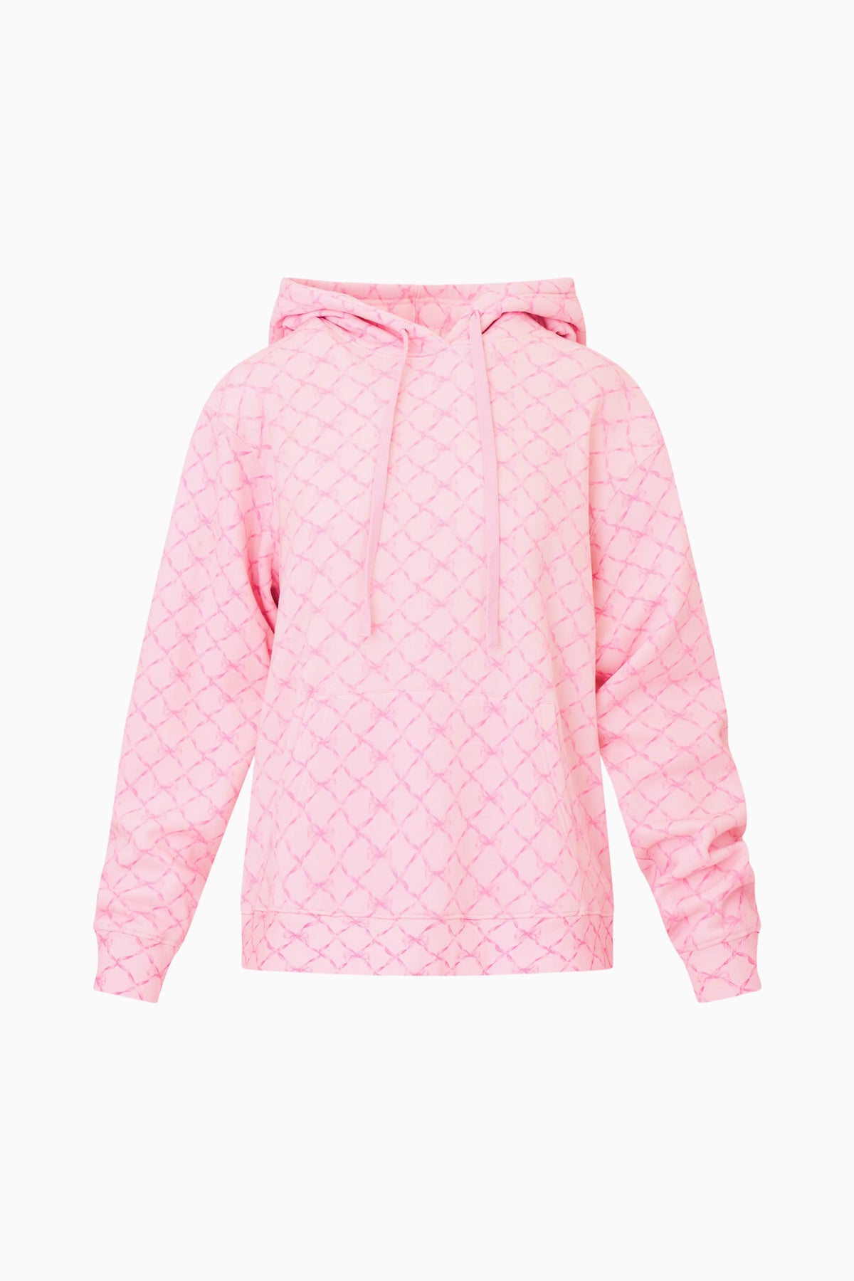 Pink cotton pullover hoodie with hood and drawstring, front kangaroo pocket, long sleeves