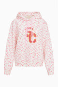 Pink patterned pullover hoodie with hood, drawstrings, and colorful 'LC' logo