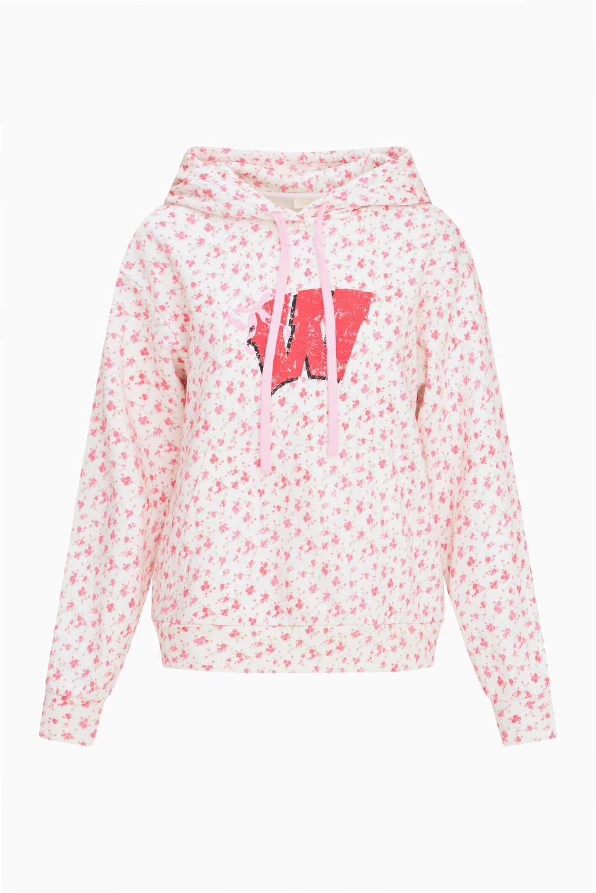 Pink patterned Nacova hoodie with drawstring hood and red W logo graphic.