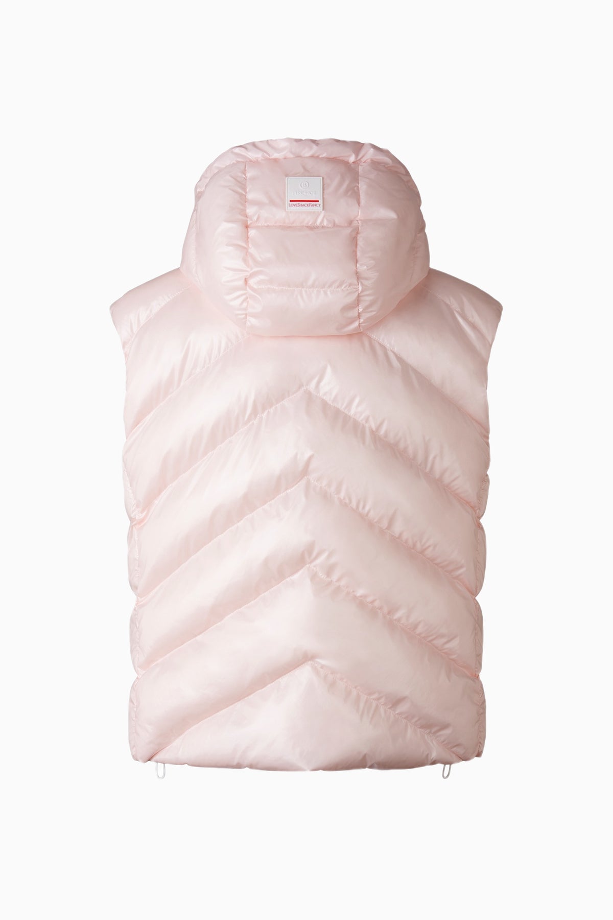 Light pink hooded puffer vest with quilted panels and front zipper