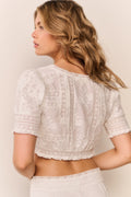 White cotton Victorian crop top, back with lace trim and fitted yoke detail