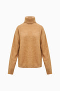 Brown cashmere turtleneck sweater on white background with ribbed collar
