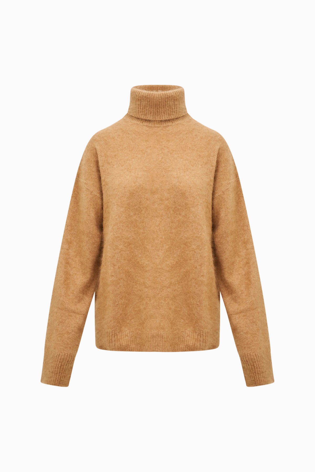 Brown cashmere turtleneck sweater on white background with ribbed collar