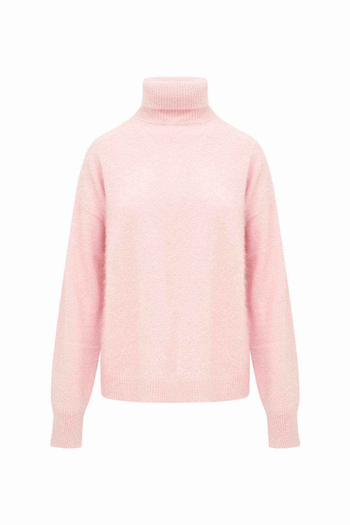 Pink cashmere turtleneck sweater with ribbed collar and cuffs