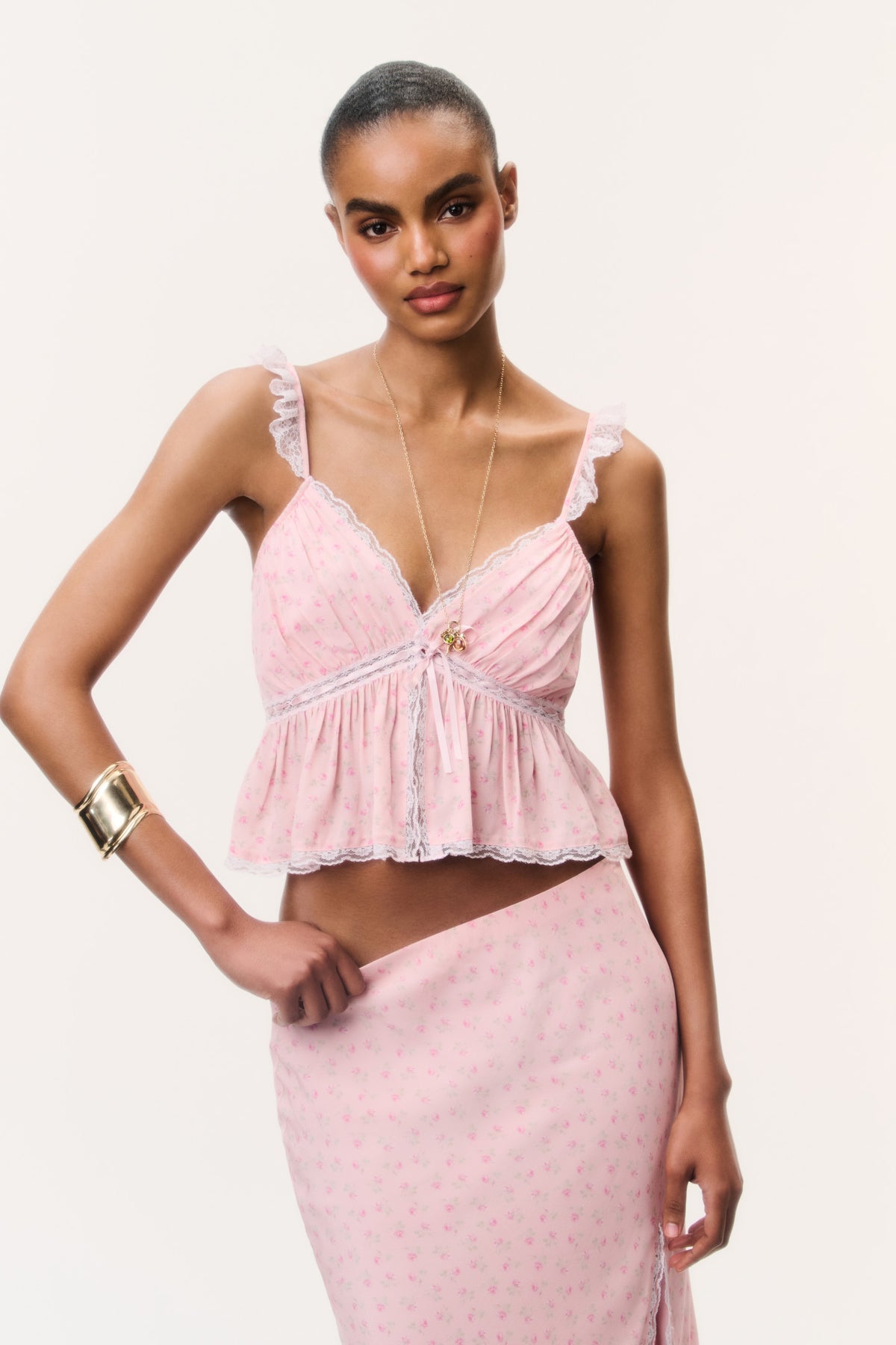 Nicoleta floral crepe cami top with lace-trimmed V neckline and tie front, pink