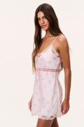Floral satin mini slip dress with lace-trim straps and scalloped hem