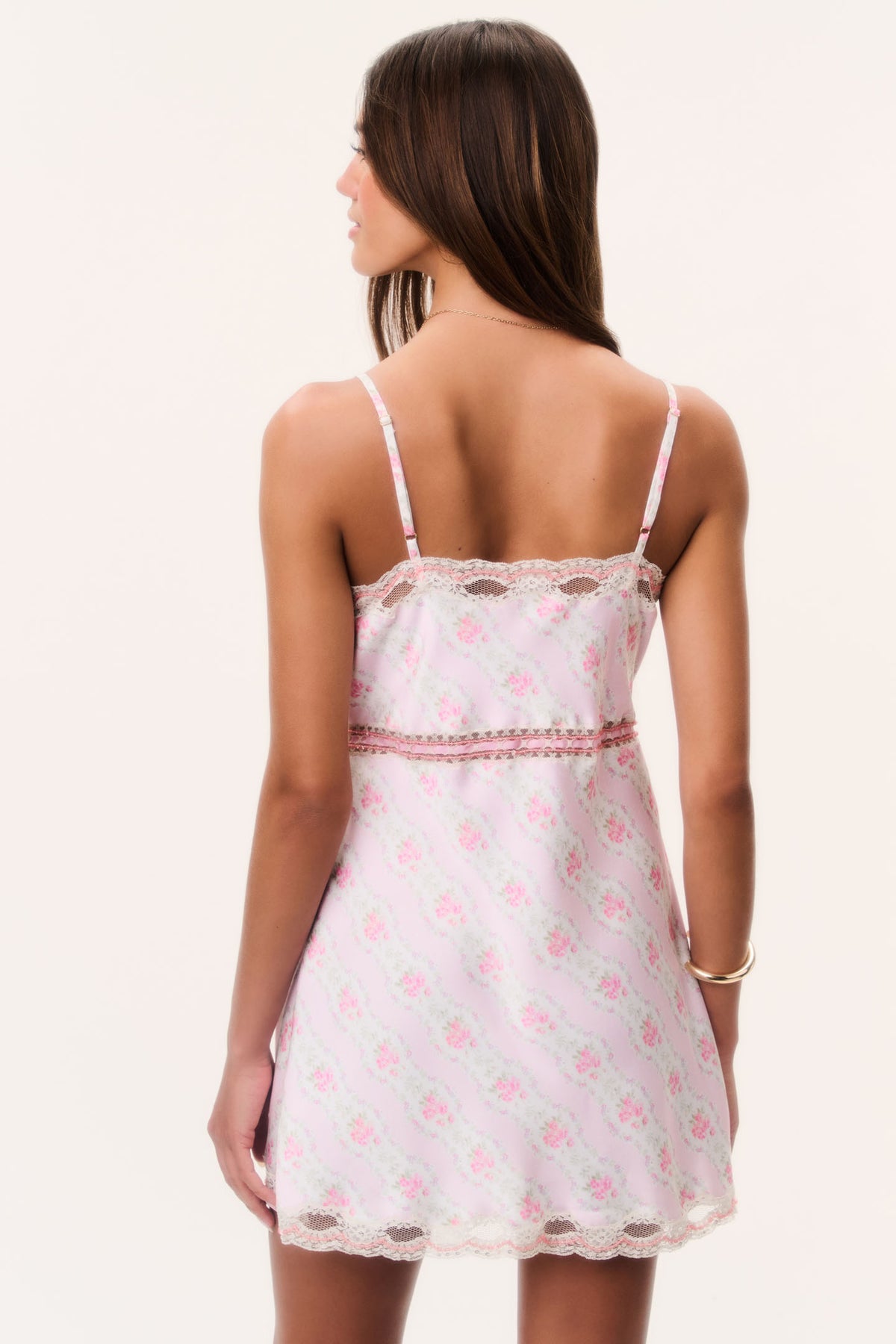 Floral satin mini slip dress with low back and lace-trim straps