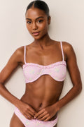 Pastel pink floral balconette bikini with front ruched center and high-cut matching bottoms
