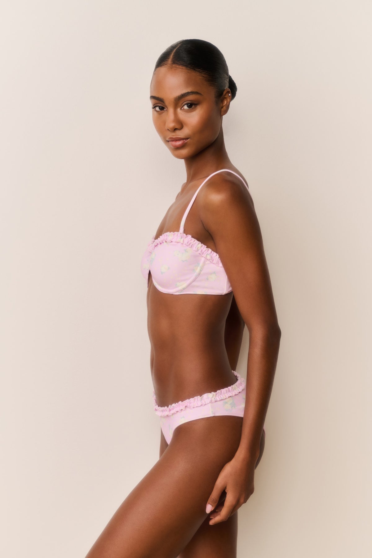 Pastel pink floral balconette bikini with underwire cups and ruffle-trim straps