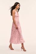 Pink floral silk-blend maxi dress, sleeveless V-neck with fitted bodice, A-line hem