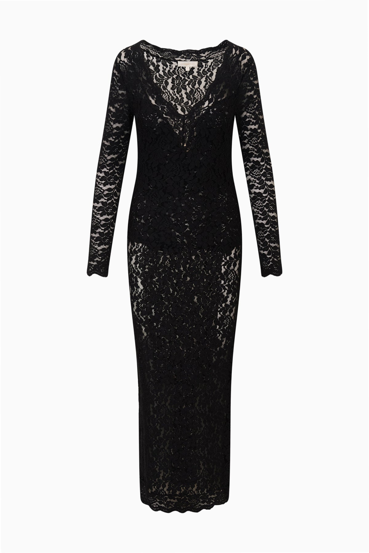 Black lace midi dress with long sleeves and V-shaped neckline