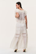 Ivory silk lace maxi skirt with fluttery ruffle tiers and lace bands, back view