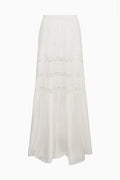 Ivory silk lace maxi skirt with tiered lace bands and ruffle detailing