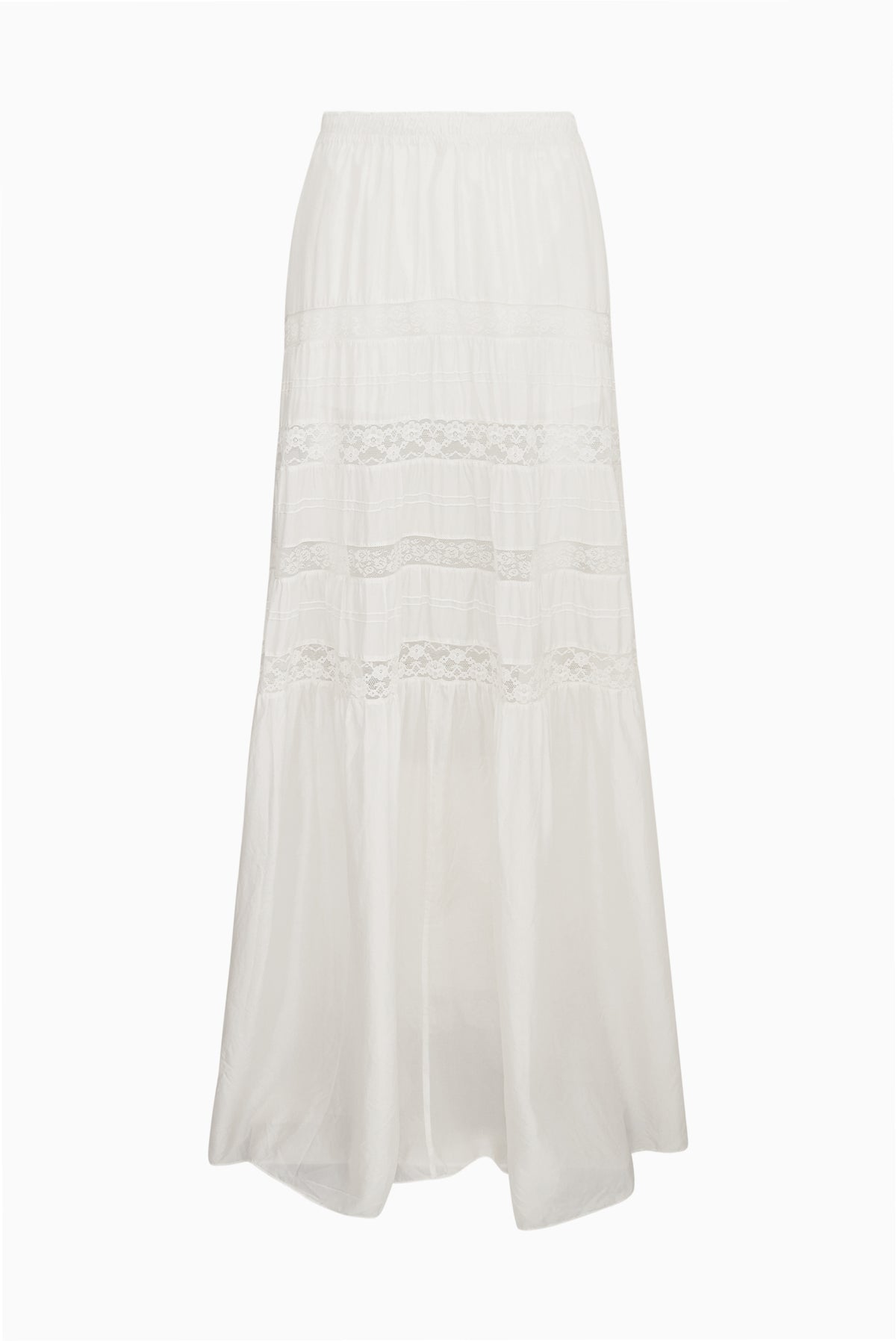 Ivory silk lace maxi skirt with tiered lace bands and ruffle detailing