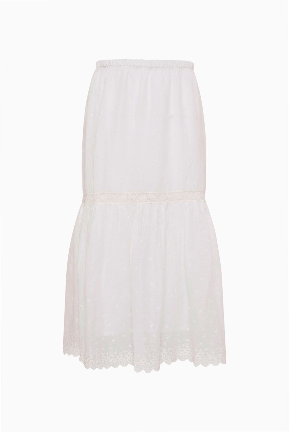 Ivory cotton lace tiered skirt with elastic waist and layered hem