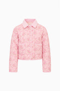 Kids pink floral quilted jacket, button-front, stand collar, flap pockets