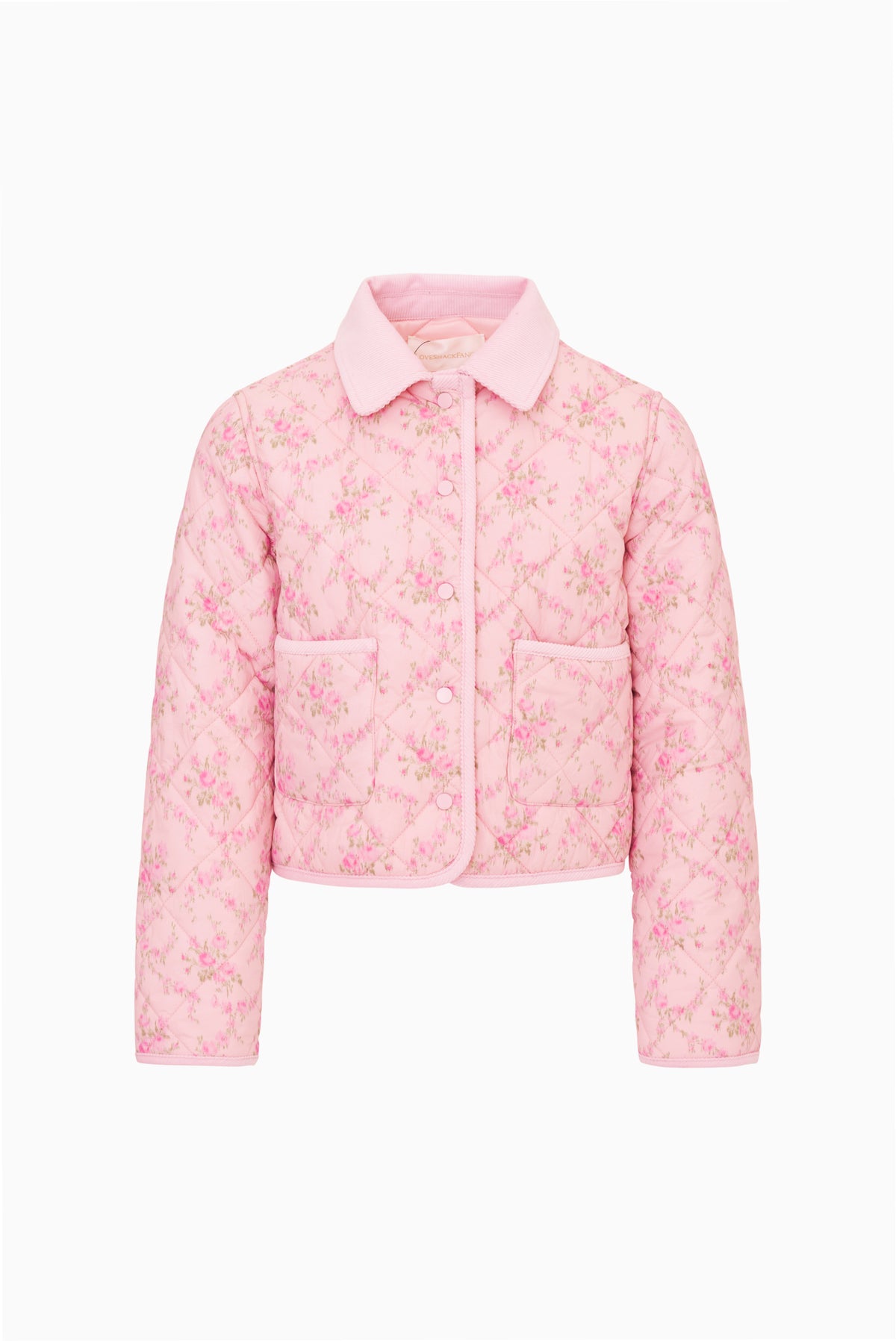 Kids pink floral quilted jacket, button-front, stand collar, flap pockets