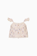 Norina top for little girls, off-white floral print, ruffle sleeves, button placket