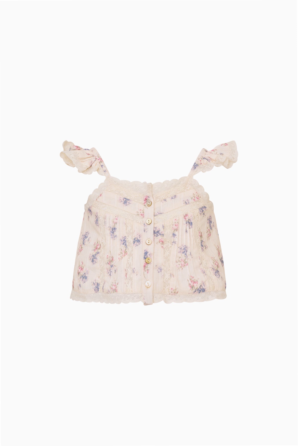 Norina top for little girls, off-white floral print, ruffle sleeves, button placket