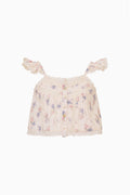 Floral cotton top with scalloped neckline, button front, and ruffled cap sleeves