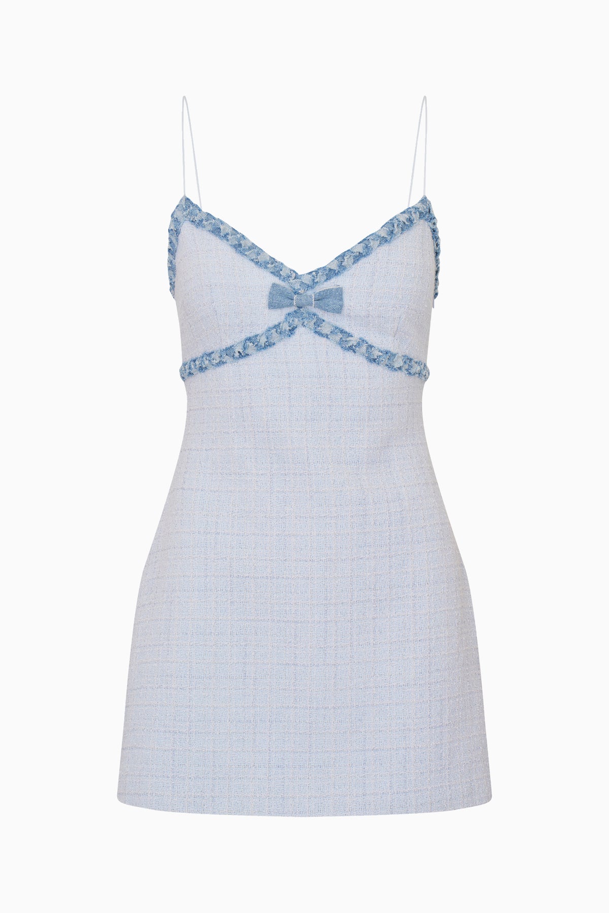 Light blue tweed mini dress with denim trim, spaghetti straps, bow at bust