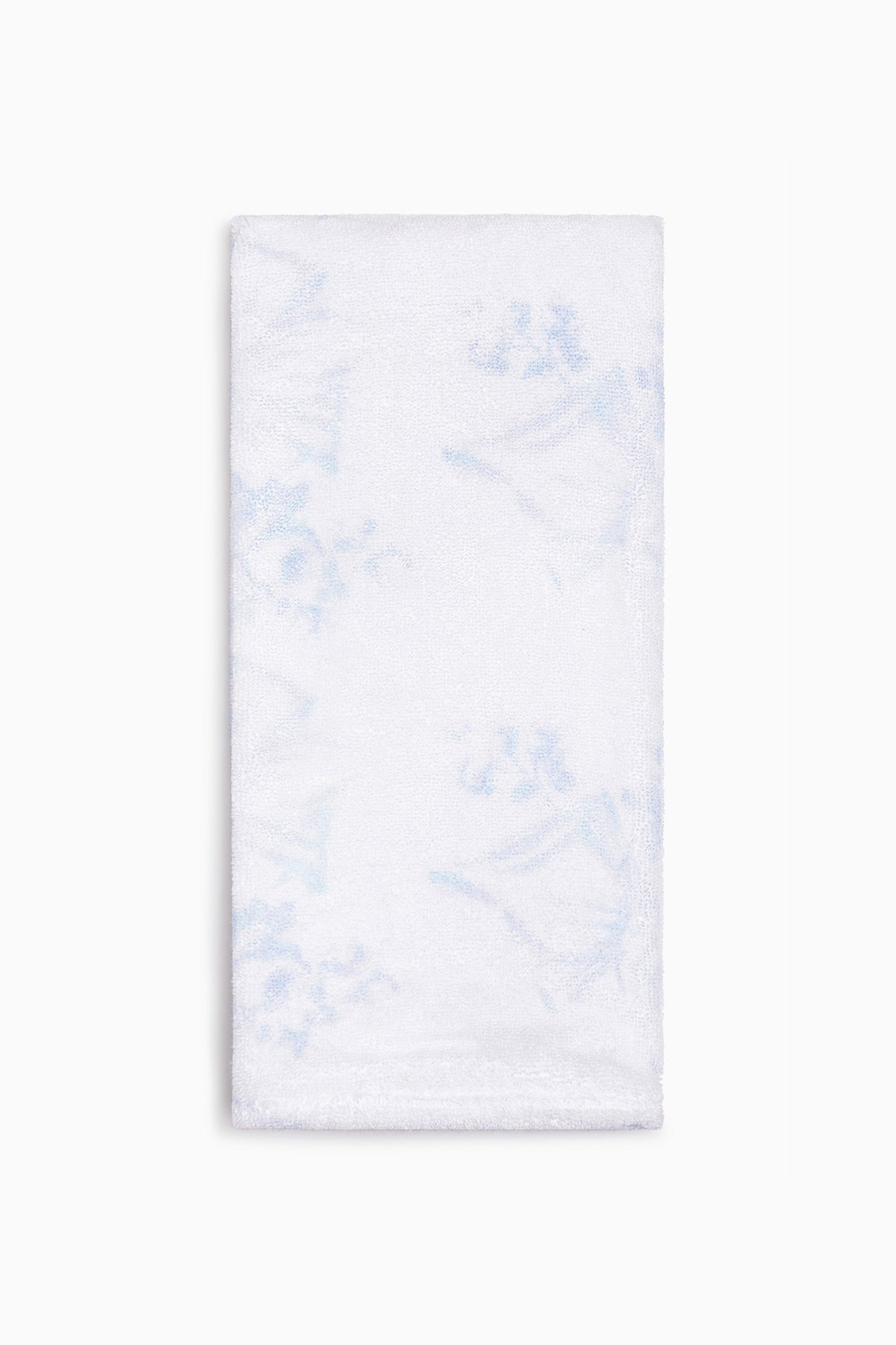 Cotton hand towel, white with light blue floral pattern, rectangular folded