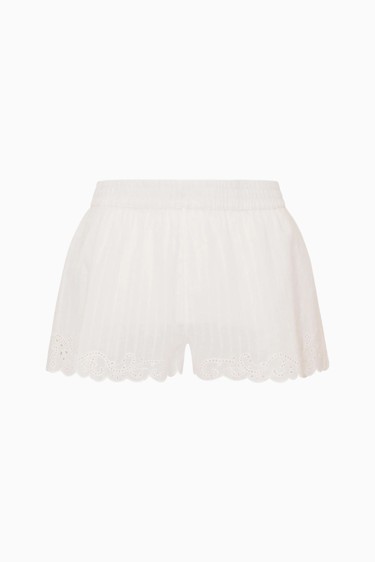 White cotton cover-up shorts with scalloped lace hem and eyelet details