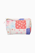 Quilted cotton cosmetic bag with multicolor patchwork and gold zipper, small zipper pull loop