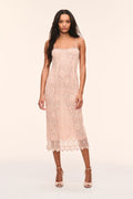 Beaded lace midi dress with spaghetti straps, square neckline, scalloped lace hem