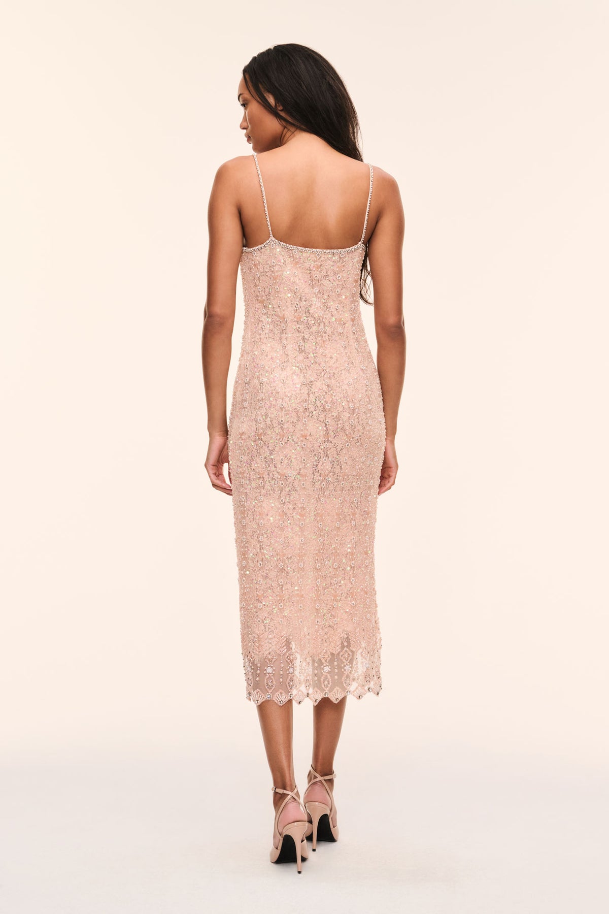 Beaded lace midi dress back view with spaghetti straps, light beige