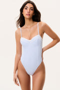 Light blue gingham one-piece swimsuit with scalloped sweetheart neckline and thin straps