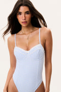 Light blue gingham one-piece swimsuit with ruched bust and thin spaghetti straps