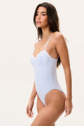 Light blue gingham one-piece swimsuit with thin spaghetti straps and open back