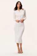 Off-white cardigan with pointelle texture, henley-style button placket, long sleeves