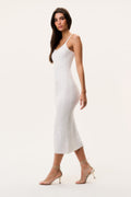 Off-white pointelle midi dress, sleeveless with spaghetti straps and straight hem