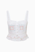 Embroidered cotton top, sleeveless with floral panels and lace-trim peplum hem