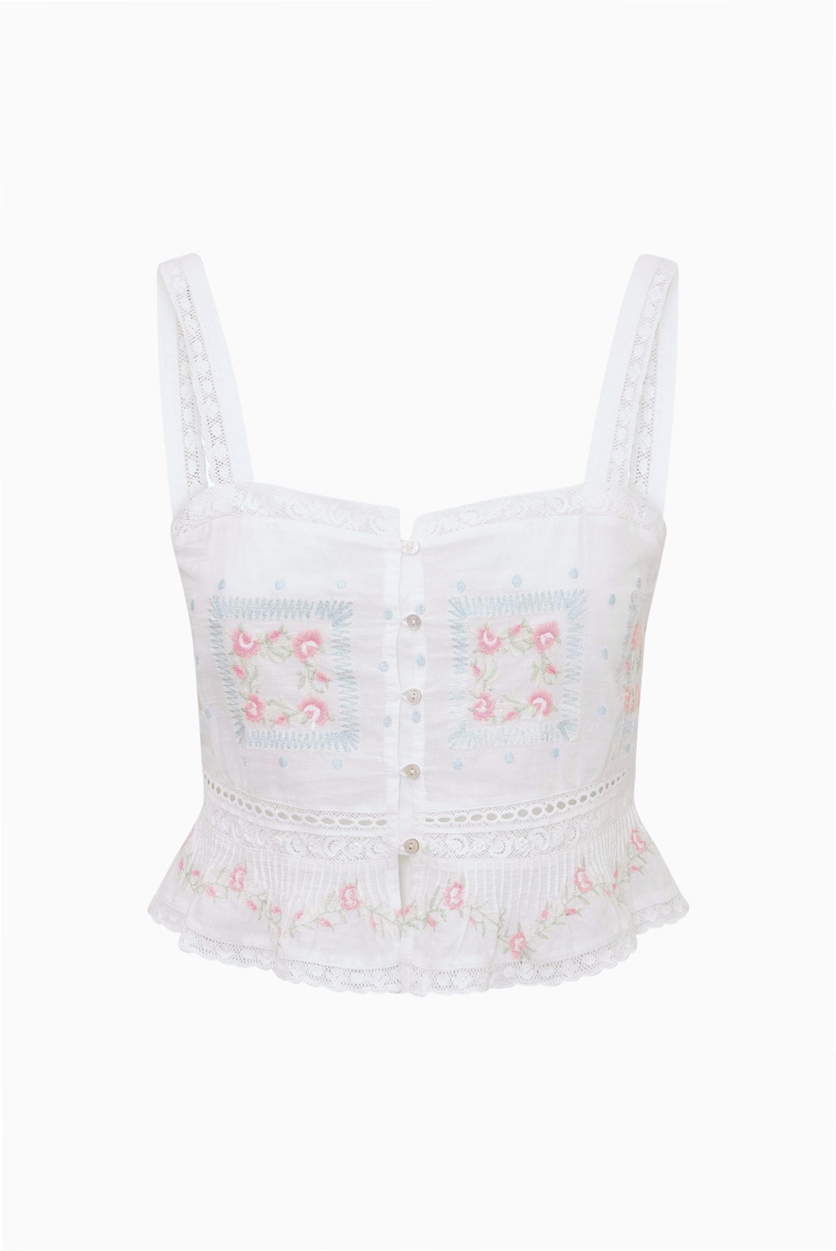 Embroidered cotton top, sleeveless with floral panels and lace-trim peplum hem