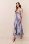 Light blue satin maxi dress with knotted bodice and lace-trim hem