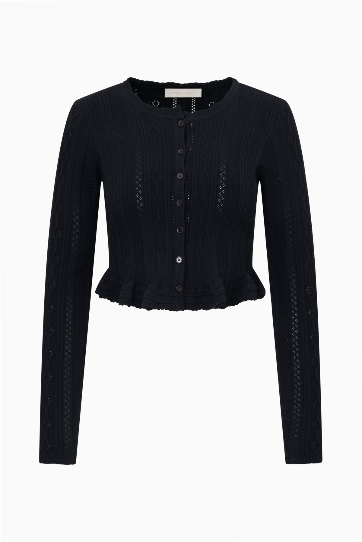 Dark pointelle stretch cardigan, button-front cropped style with ruffled hem, long sleeves