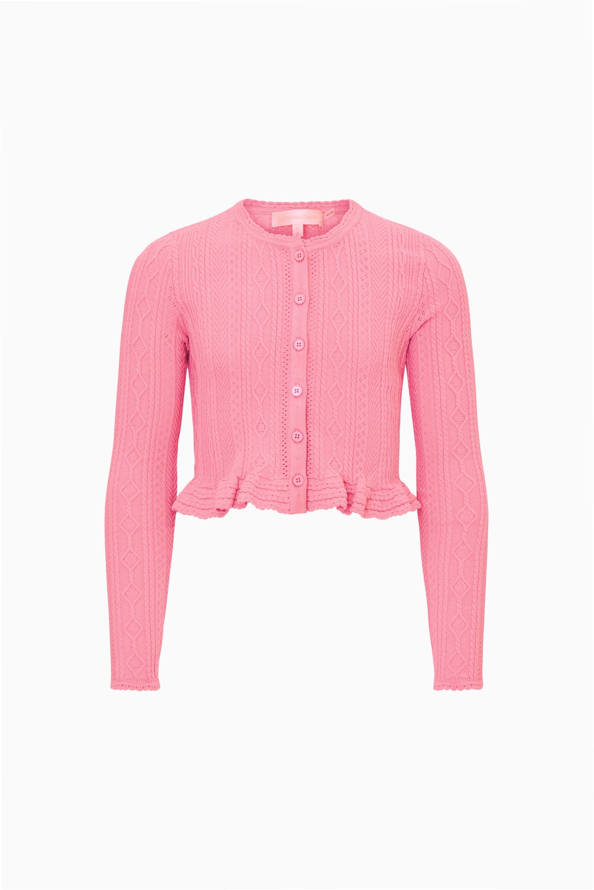 Girls pink pointelle button-front cardigan, long sleeves, tiered ruffle hem