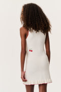 Kids sleeveless cream cherry dress, scoop back with red cherry print, ruffle hem