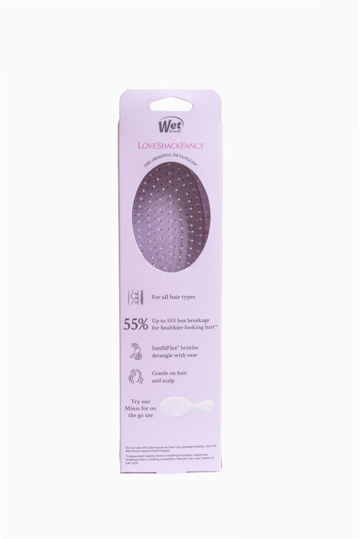 Wet x LoveShackFancy Original Detangler back of box with purple brush graphic